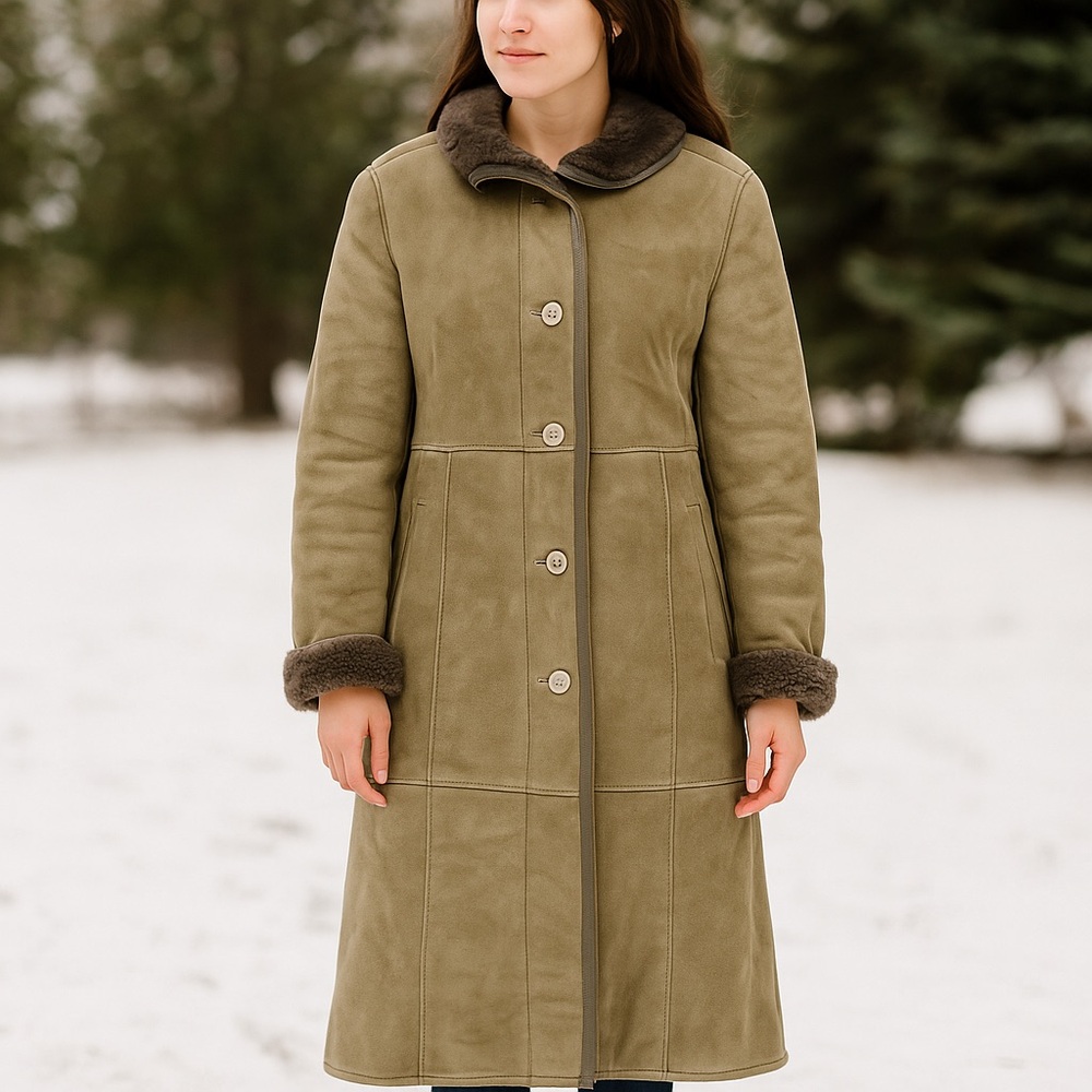 VTG Samband Iceland Womens Lambskin Shearling Suede Long Ranch Coat Sz 38 S/M